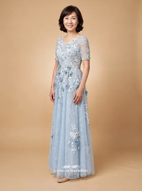 媽媽禮服 M435霧藍色媽媽禮服，正面全身