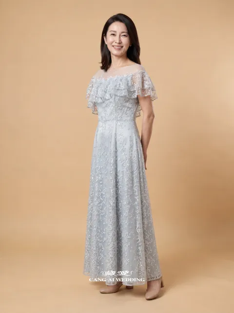 媽媽禮服 M564霧藍色媽媽禮服，正面全身