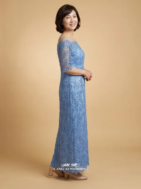 媽媽禮服 M506霧藍色媽媽禮服，正面全身