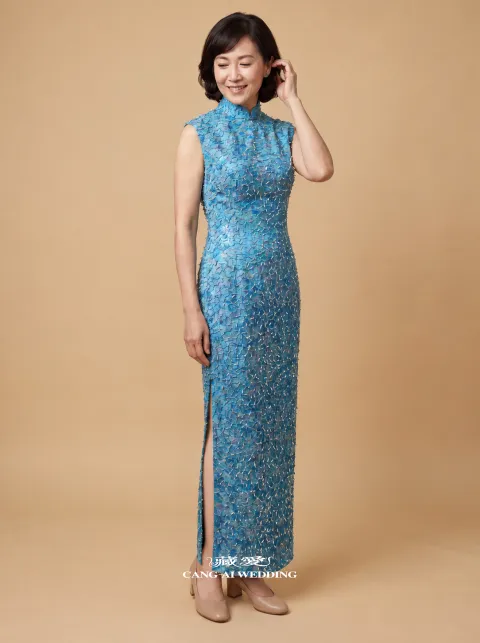 媽媽禮服 M578孔雀藍媽媽禮服，正面全身