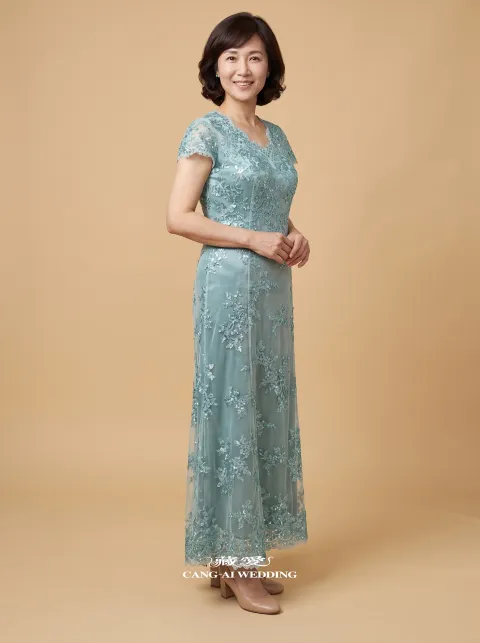媽媽禮服 M457孔雀藍媽媽禮服，正面全身