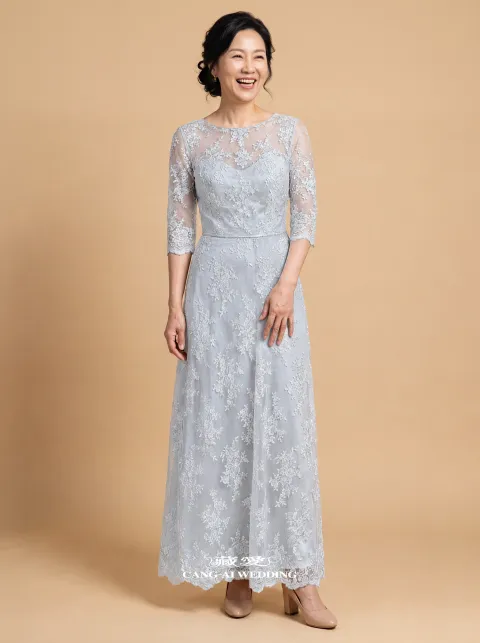 媽媽禮服 M563霧藍色媽媽禮服，正面全身