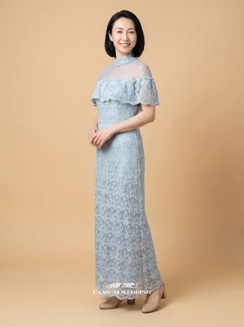 媽媽禮服 M526霧藍色媽媽禮服，正面全身