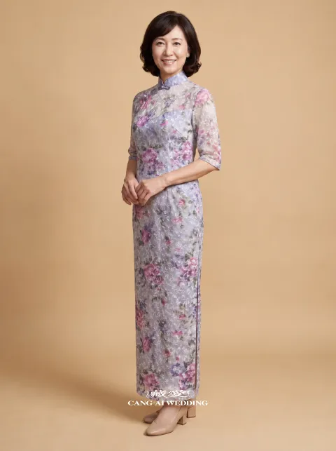 媽媽禮服 M556薰衣草紫與鼠尾草綠媽媽禮服，正面全身