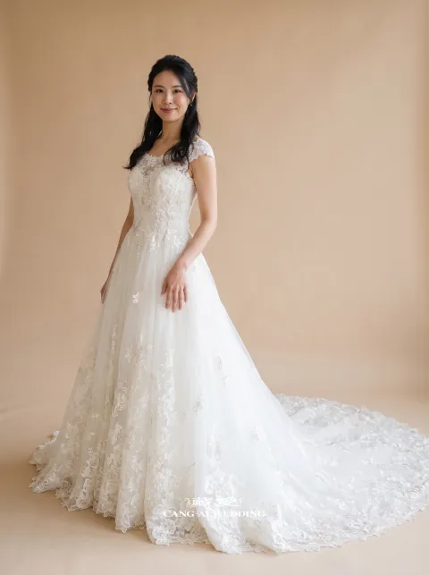 N185象牙白婚紗，正面全身
