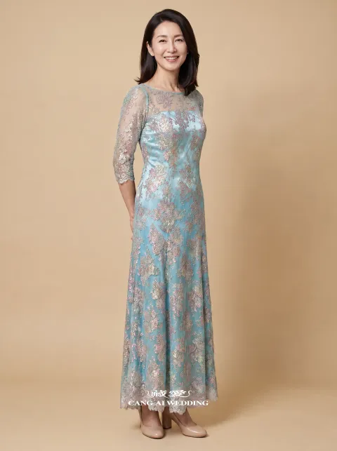 媽媽禮服 M389霧藍色與金色媽媽禮服，正面全身
