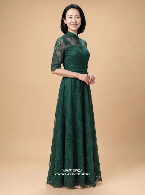 媽媽禮服 M571祖母綠媽媽禮服，正面全身