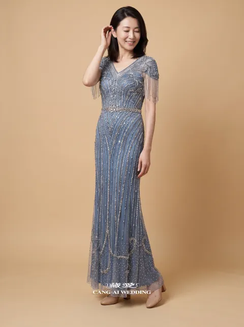 媽媽禮服 M498霧藍色媽媽禮服，正面全身