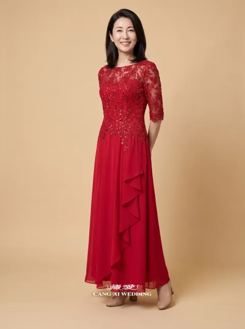 媽媽禮服 M408紅色媽媽禮服，正面全身