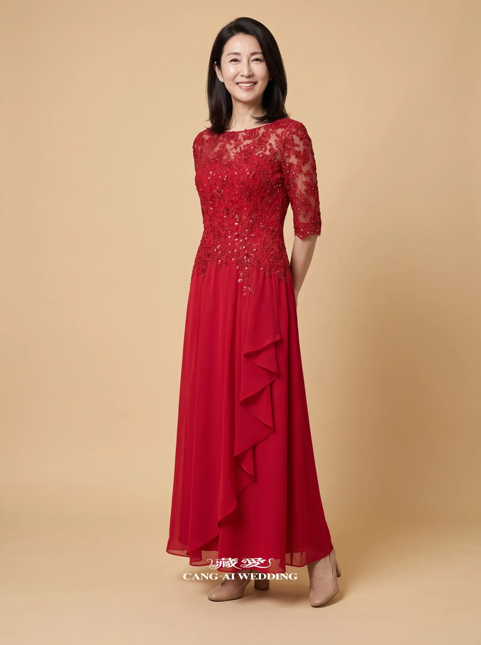 媽媽禮服 M408紅色媽媽禮服，正面全身