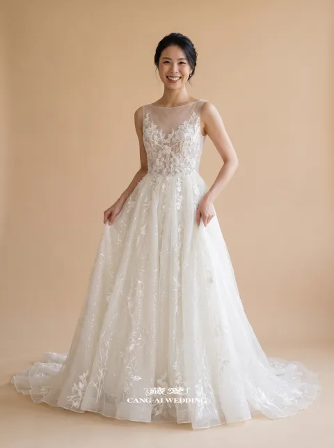 N80 號象牙白婚紗，正面全身