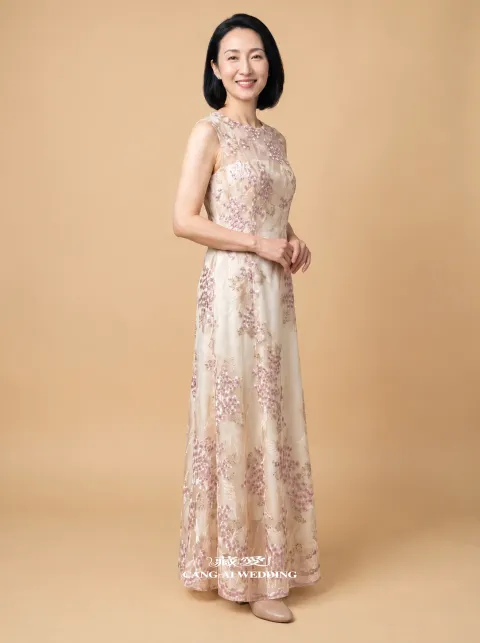 媽媽禮服 M432香檳色與薰衣草紫媽媽禮服，正面全身