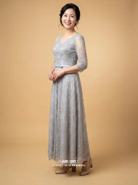 媽媽禮服 M324霧藍色媽媽禮服，正面全身