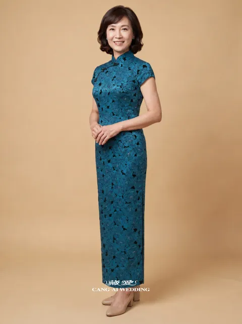媽媽禮服 M581孔雀藍媽媽禮服，正面全身