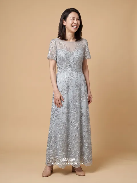 媽媽禮服 M491霧藍色媽媽禮服，正面全身