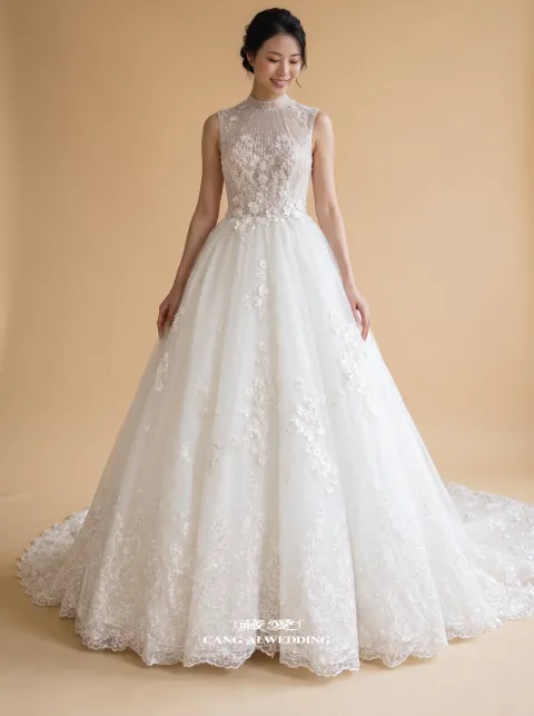 Gown N429象牙白婚紗，正面全身
